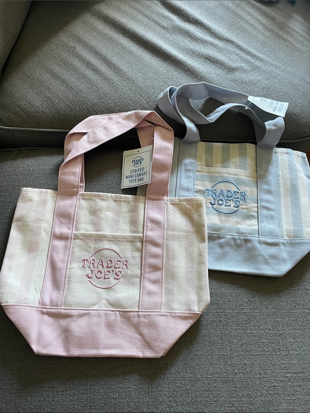 Trader Joe’s Mini Canvas Tote Bag 💐BLUE  Pink Pastel Striped